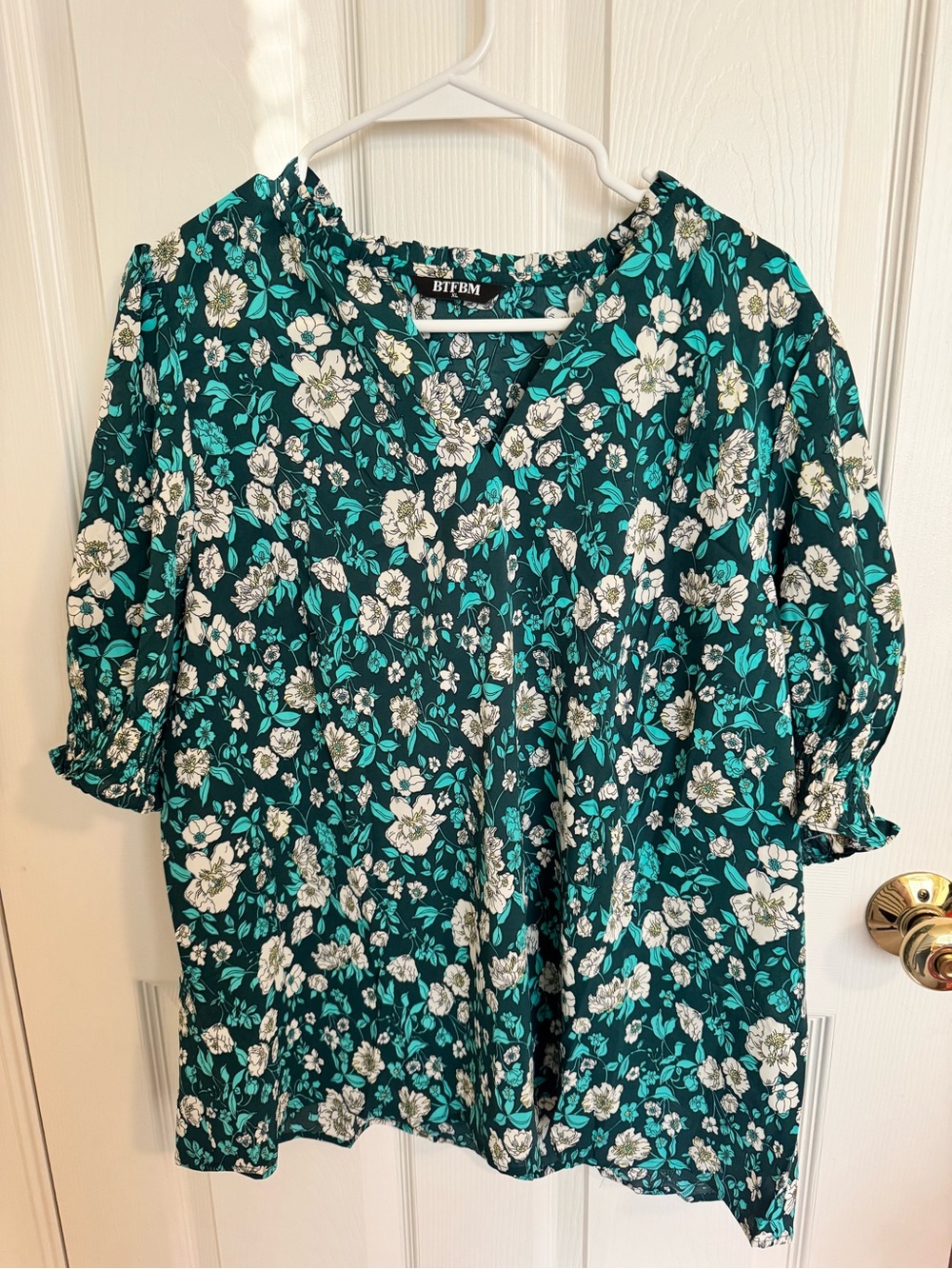BTFBM Women's Teal Green Floral V-Neck Tunic